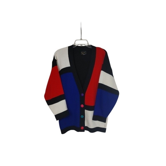 Vtg Essence Cardigan Sweater Women's Sm Colorblock 80's Grannycore Oversized USA - Picture 1 of 5